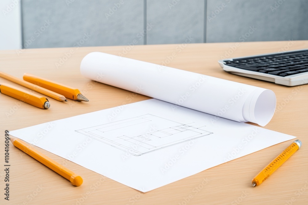 Poster A minimalist office with a clean desk setup, featuring a single open blueprint surrounded by sleek tools