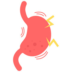 Illustration of a red stomach with visible discomfort, featuring yellow lightning bolts and motion lines to symbolize pain or cramps.
