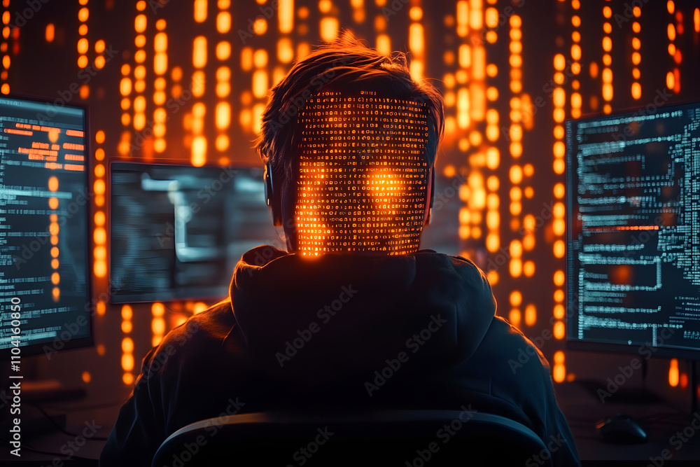 Poster rear view of a hacker in a dark room with computer screens, highlighted by digital orange code, repr