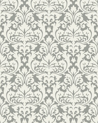 Refined seamless damask design in soft gray tones featuring detailed floral and ornamental symmetry.
