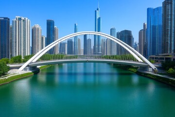 Fototapeta premium A modern steel bridge crossing a busy urban river, with skyscrapers reflected in the water below