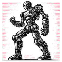 Vintage robot illustration in strong pose with detailed mechanical design, showcasing retro futuristic aesthetics and engineering