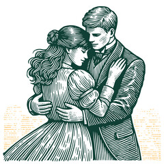 Vintage embrace illustration of a romantic couple, portraying love and tenderness with a classic artistic style