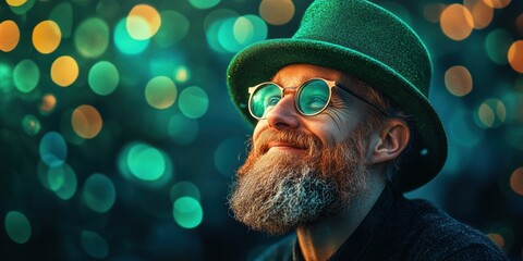 Man with joyful expression and distinctive beard wearing a green hat and round glasses against a vibrant bokeh background with warm tones.