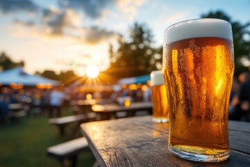 Beer festival. Large festival tent filled with tables, beer mugs, and cheerful crowds, rustic decor, lively ambiance