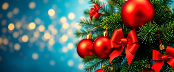 Obraz premium Christmas tree with red balls and bows
