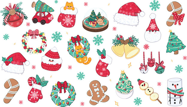 Merry Christmas cartoon elements. Happy new year vector clipart illustration.