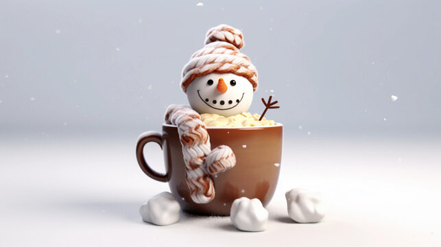 Hot chocolate or cocoa with snowman with marshmallow melting in brown cup mug waves hand saying hello on white background. Drink for winter season.