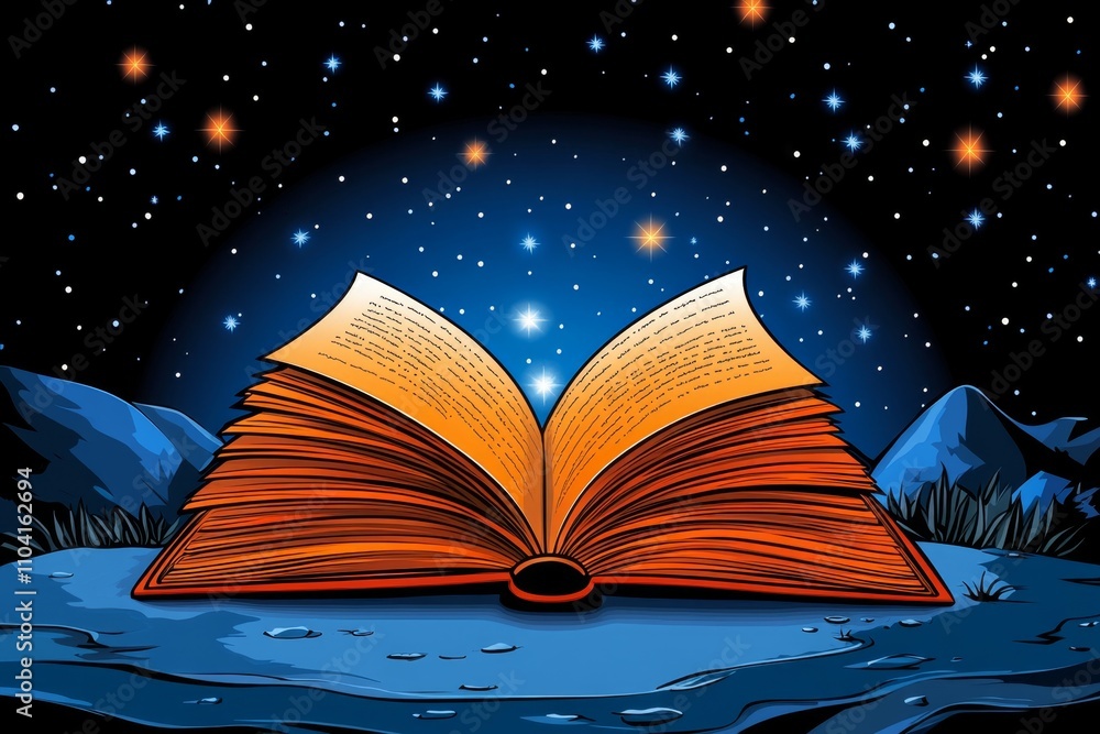 Poster a pixel art depiction of an open book with animated glowing pages, surrounded by tiny flickering sta