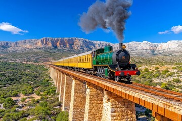 Obraz premium A railway bridge spanning a rocky gorge, with a train passing over it and smoke billowing into the blue sky