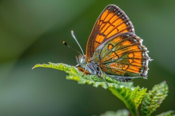 Obraz premium A close-up shot of a butterfly sitting on a leaf, with detailed features and textures