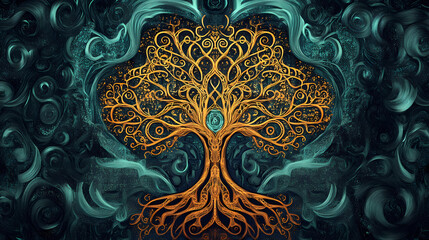Celtic tribal tree of life design with intricate patterns and symbolic elements, mystical, technology, generative ai. Symbolic. Illustration
