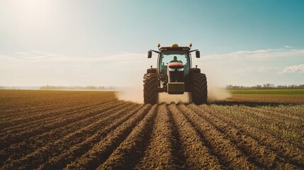 Obraz premium Tractor plowing a field under clear skies at sunset in rural farmland
