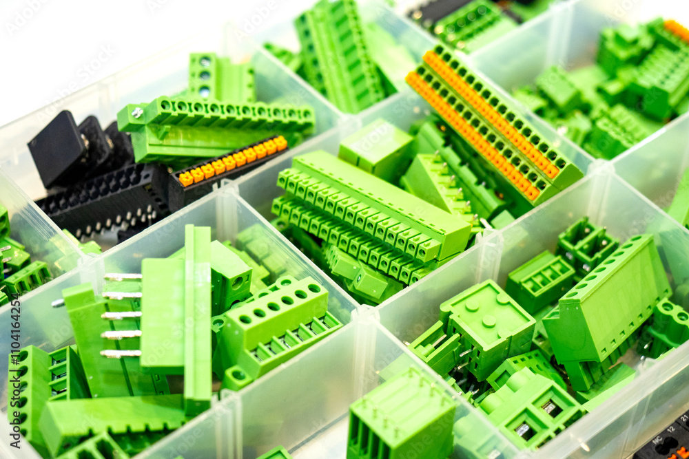 Poster terminal blocks of different shapes. components for installation of electrical networks. green and b