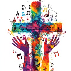 Colorful cross with raised hands and musical notes, expressing faith and worship through song.