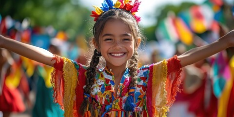 A joyous celebration depicted through a young girl's vibrant, colorful attire at a cultural festival showcasing diverse traditions and global unity.