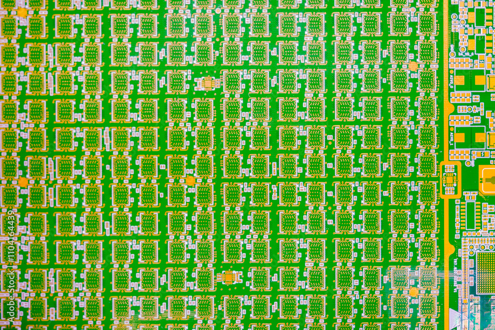 Poster Close-up fragment digital board. Green computer microboard. Microelectronics under magnifying glass. Macro shot of digital board with yellow and white traces. Digital board for computer. PCB backdrop