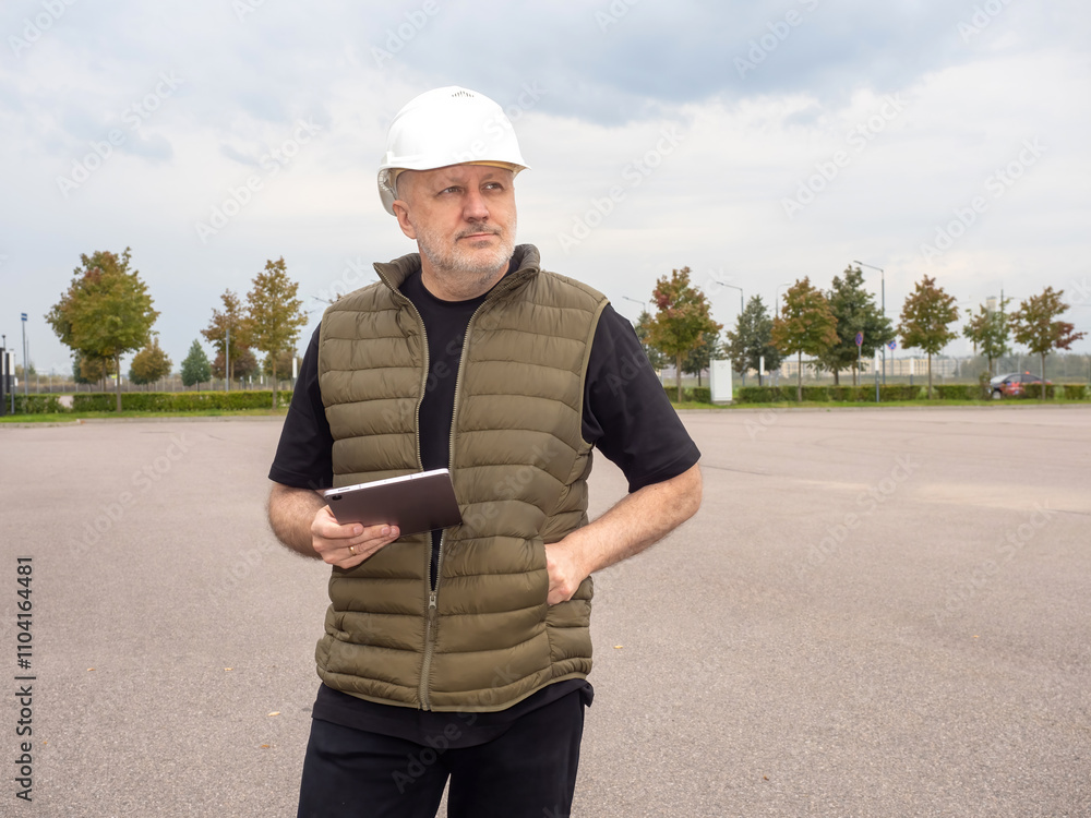 Poster man builder stands on concrete platform. business guy in helmet holds electronic tablet. builder is 