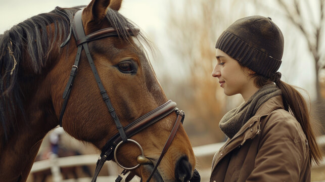 Young Woman in Equestrian Attire Gently Interacting with a Brown Horse in an Outdoor Stable Setting - Powered by Adobe