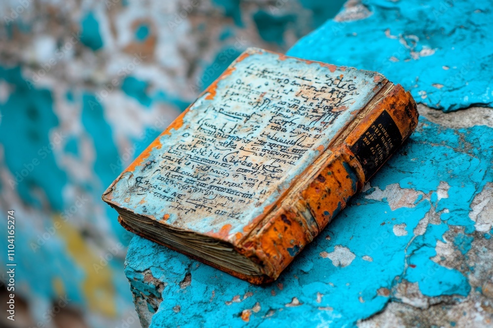 Poster a simple flat design of an old book lying open, its pages filled with colorful doodles and faded ill