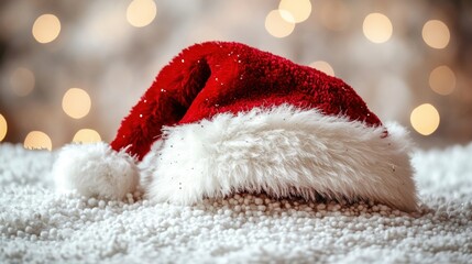 Christmas Santa hat on faux snow. Festive holiday accessory.