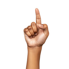 Hand gesture indicating number one with raised index finger on transparent background