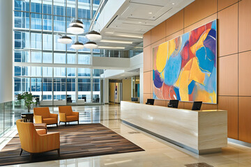Modern lobby with vibrant artwork, seating, and large windows.