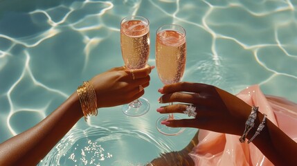 Elegant hands holding champagne flutes over pool