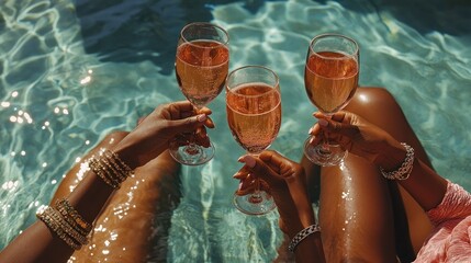 Three wine glasses clink above sparkling pool surface