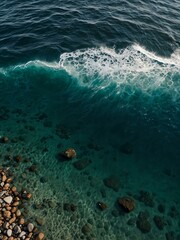 Obraz premium Aerial view of ocean surface with stones along the coastline.