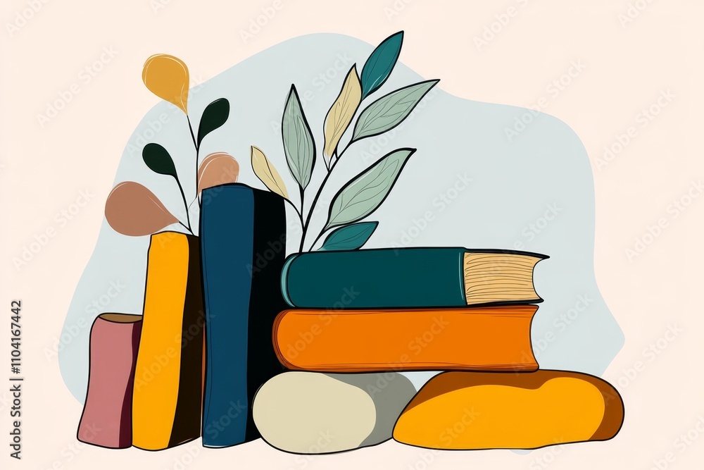 Poster a stylized outline of a single book stack in bold, simple colors against a neutral background