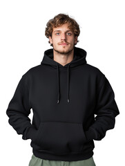 Obraz premium Young man wearing black hoodie with hands in pockets on transparent background