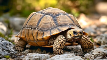 Obraz premium A close-up of a tortoise on rocky terrain, showcasing its unique shell patterns and textures.