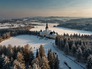 Aerial view of Podolinec, Slovakia, in winter.