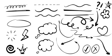 Set of hand-drawn arrows, circles and lines. Abstract arrows, ribbons, fireworks, hearts, lightning,love , leaf, stars, cone, crowns and other elements in a hand drawn style for concept designs. 