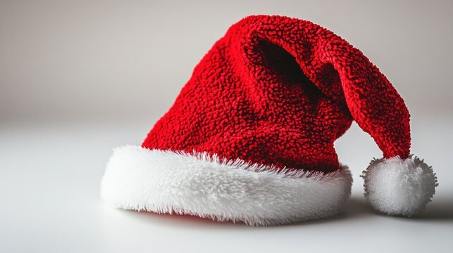 Christmas Santa hat, red and white, fluffy, tilted on white background.