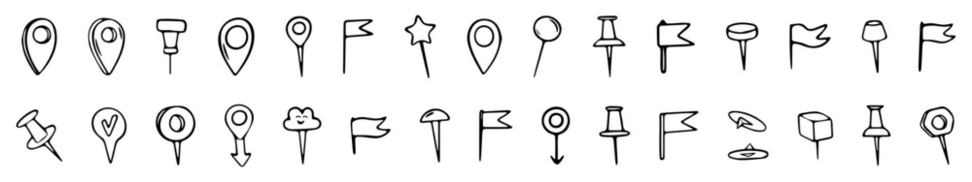 Pins hand drawn doodle set. Hand-drawn set of map pins. Isolated objects on a white background. Vector cartoon doodles. Flags, pins and markers for designation of a location.