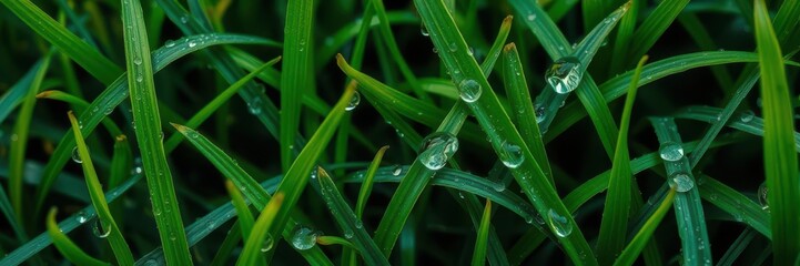 Fototapeta premium Close-up shot of vibrant green grass with dew drops, macro, outdoor