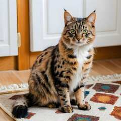 Obraz premium Colorful house cat with spotted fur sitting on a rug looking to the side
