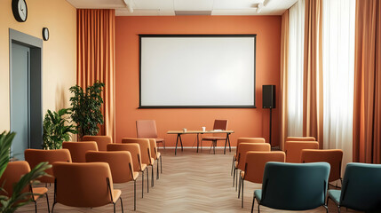 A modern seminar room with chairs, a screen, and a table for presentations or discussions.
