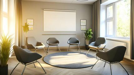 A modern meeting room with chairs arranged for discussion or collaboration.