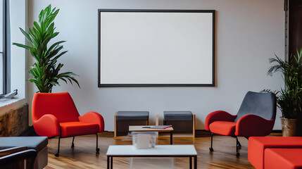 A modern lounge area with red and gray chairs, plants, and a blank wall for presentations.