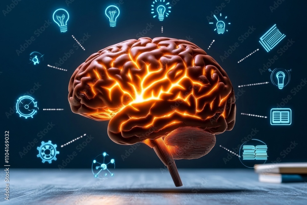 Poster a vibrant pixel art brain with animated neurons firing, surrounded by pixelated icons of books, gear