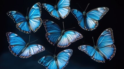 A cluster of blue butterflies attached to a string, great for illustrating nature's beauty or whimsical scenes