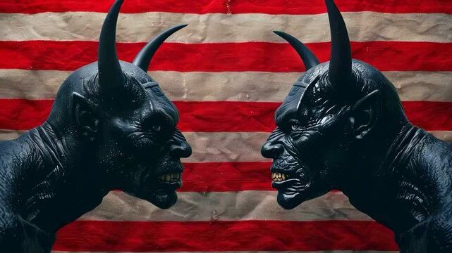 Two horned demonic figures face off against a striped backdrop, evoking themes of Halloween and fantasy