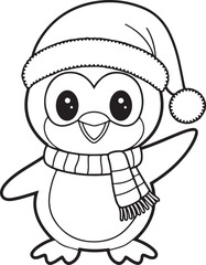 A cute penguin wearing a Santa hat and scarf, waving cheerfully silhouette style vector illustration, penguin vector with Santa hat