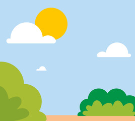 Obraz premium Illustration of a sunny outdoor scene with green bushes and a large yellow sun in a light blue sky with white clouds. 