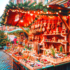 Christmas Market stall full of beautiful natural wooden souvenirs. Riga, Latvia. Advent Fair Decoration and Stalls with Crafts Items on Bazaar. German street Xmas holiday fair
