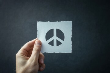 Hand holding a piece of torn paper with a peace symbol cutout on dark background, representing harmony and nonviolence.