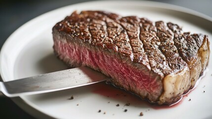 Obraz premium Slicing a perfectly seared strip steak kitchen counter food cozy atmosphere close-up culinary delight